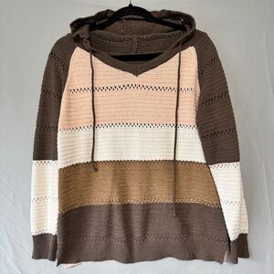 Womens Boho Striped Textured Pullover Hoodie Size M Neutral Granola Streetwear